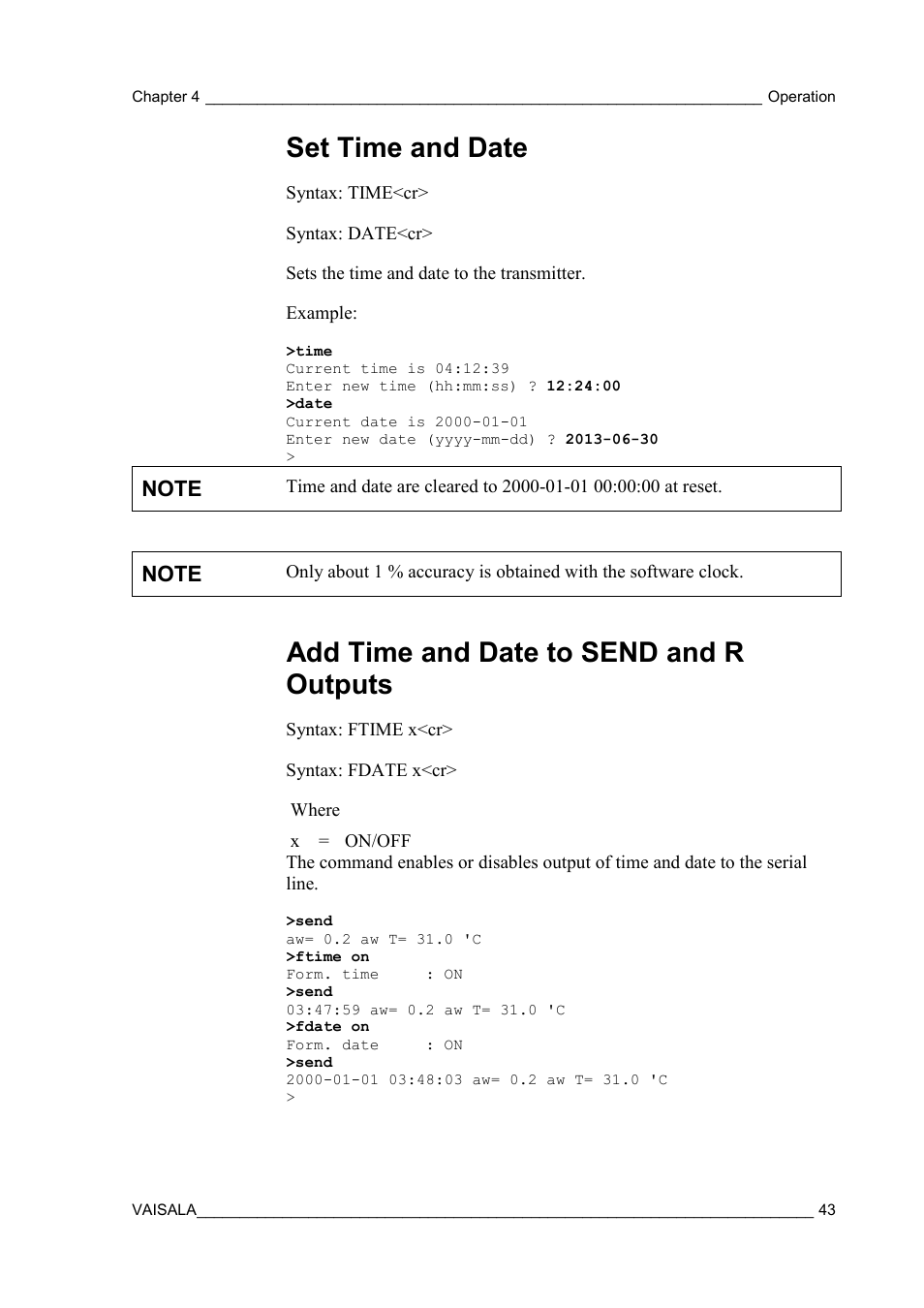 Set time and date, Add time and date to send and r outputs | Vaisala MMT310 User Manual | Page 43 / 81
