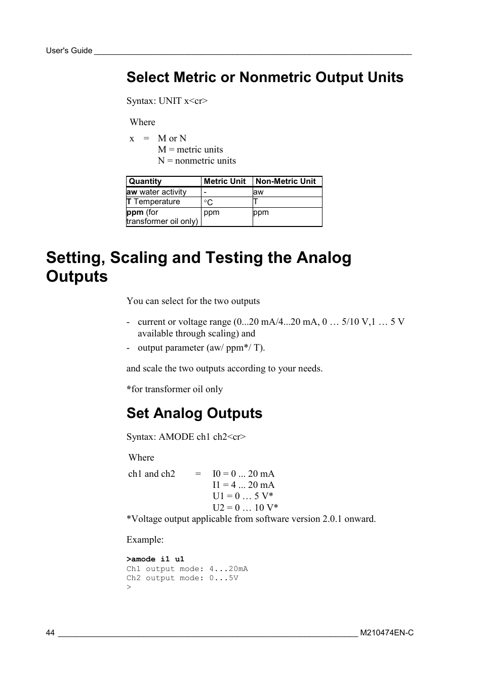 Select metric or nonmetric output units, Setting, scaling and testing the analog outputs, Set analog outputs | On setting, scaling and, Testing the analog outputs, On setting, scaling, And testing the analog outputs | Vaisala MMT310 User Manual | Page 44 / 81