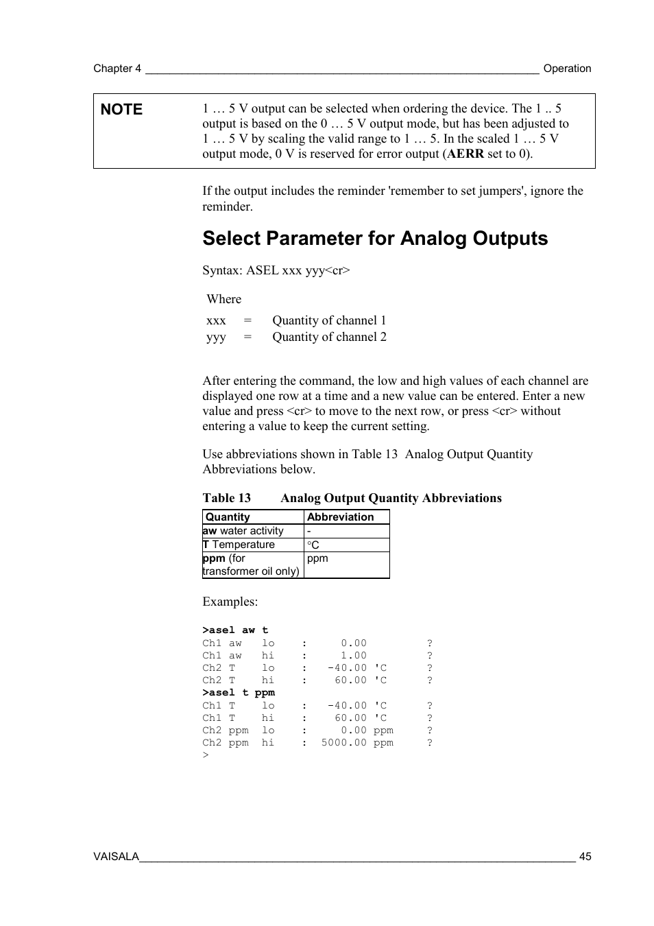 Select parameter for analog outputs, Table 13, Analog output quantity abbreviations | Vaisala MMT310 User Manual | Page 45 / 81