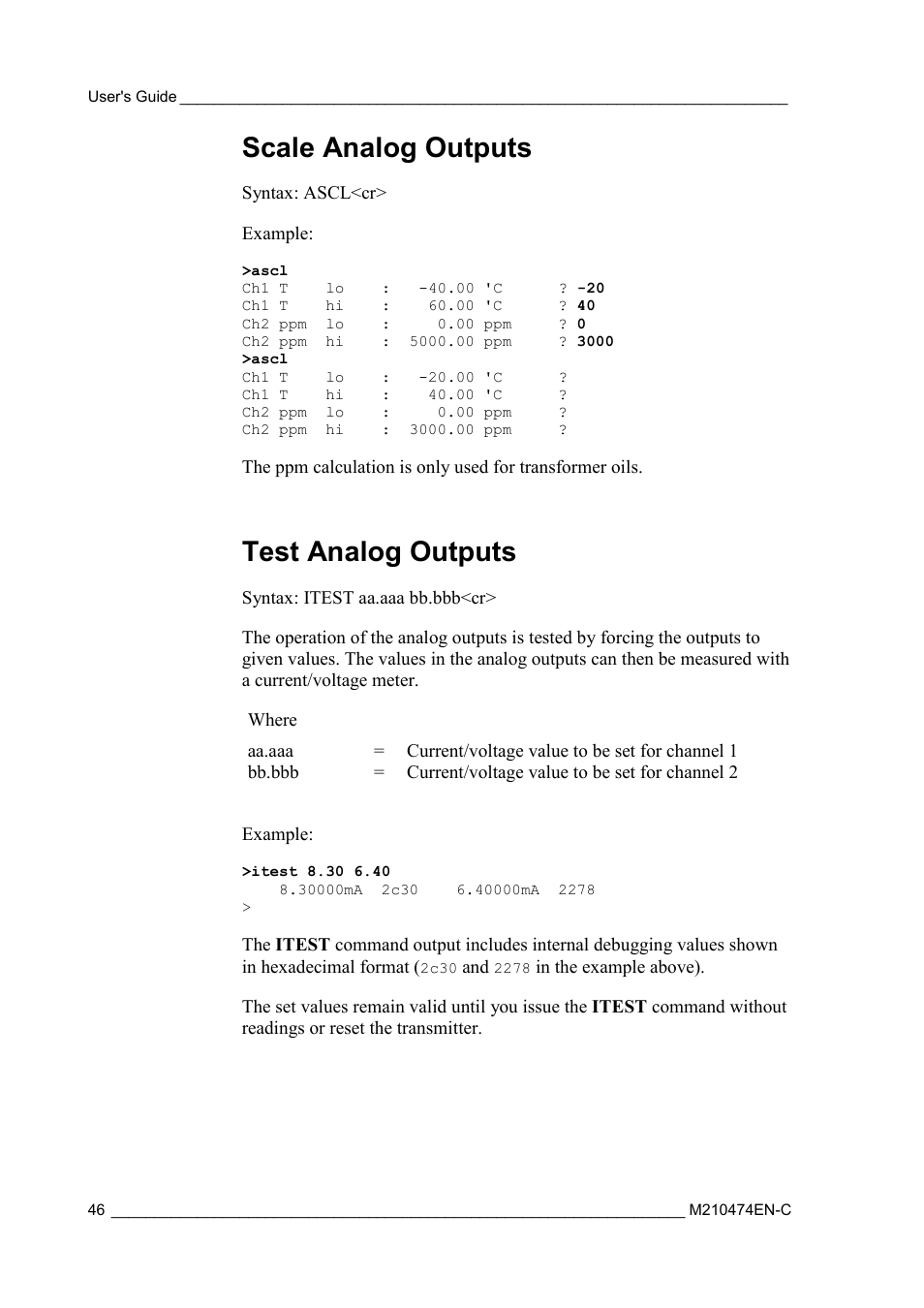 Scale analog outputs, Test analog outputs | Vaisala MMT310 User Manual | Page 46 / 81