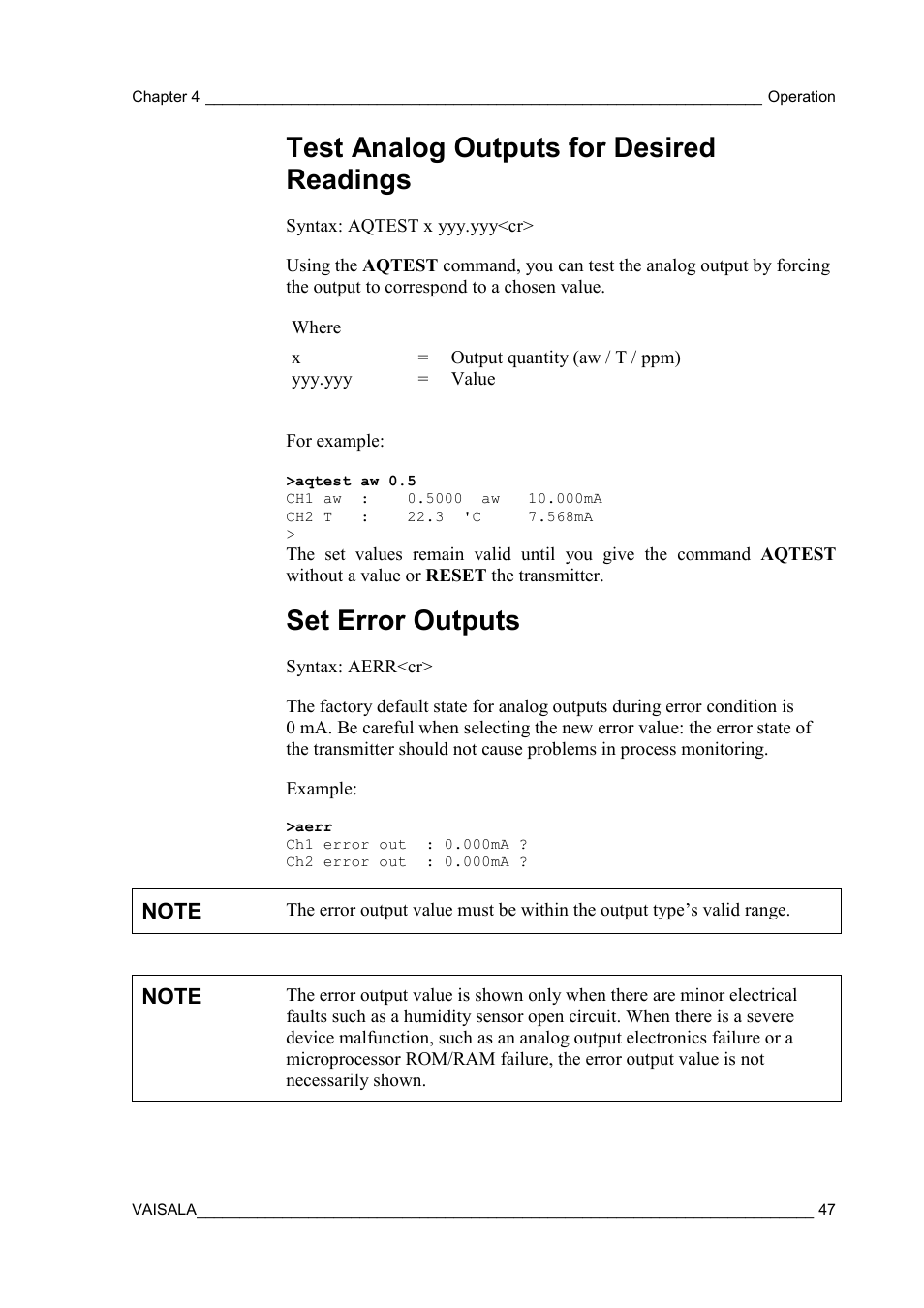 Test analog outputs for desired readings, Set error outputs | Vaisala MMT310 User Manual | Page 47 / 81