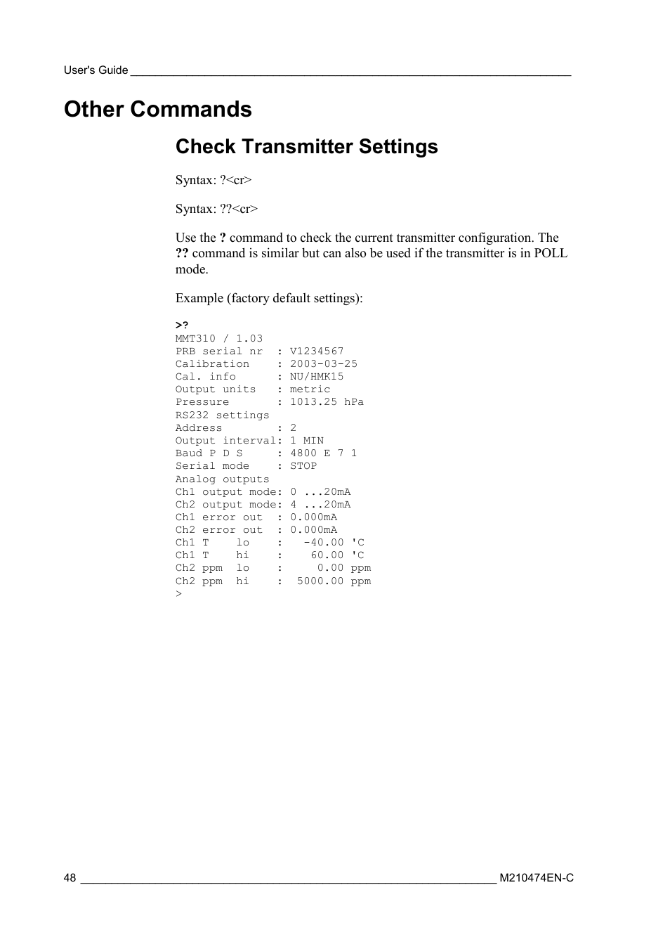 Other commands, Check transmitter settings | Vaisala MMT310 User Manual | Page 48 / 81