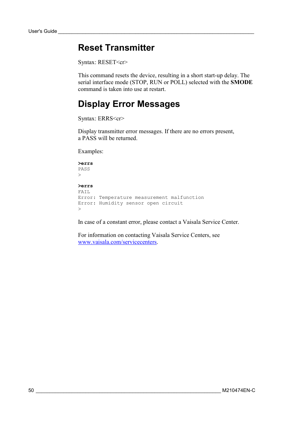 Reset transmitter, Display error messages | Vaisala MMT310 User Manual | Page 50 / 81