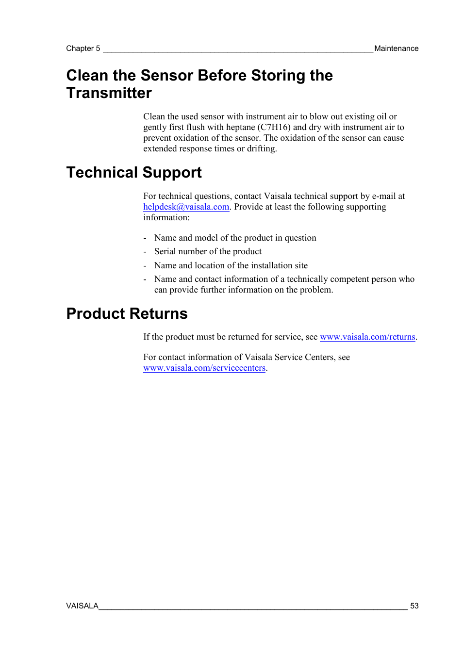 Clean the sensor before storing the transmitter, Technical support, Product returns | 53) fo | Vaisala MMT310 User Manual | Page 53 / 81