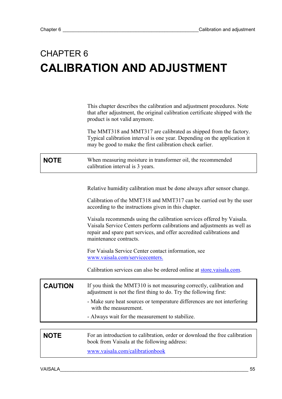 Calibration and adjustment, Chapter 6, Chapter 6, calibration and adjustment | On calibration and adjustment | Vaisala MMT310 User Manual | Page 55 / 81