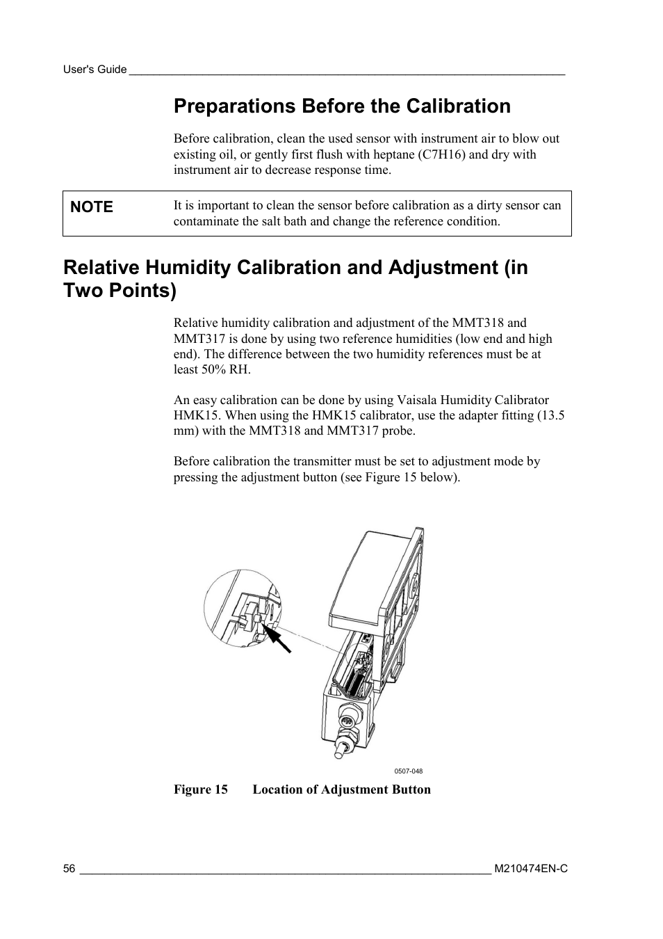 Preparations before the calibration, Relative humidity calibration and adjustment, In two points) | Figure 15, Location of adjustment button | Vaisala MMT310 User Manual | Page 56 / 81