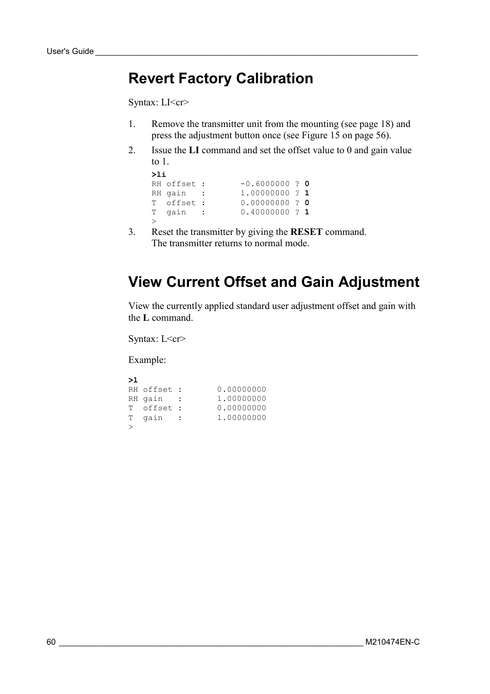 Revert factory calibration, View current offset and gain adjustment | Vaisala MMT310 User Manual | Page 60 / 81