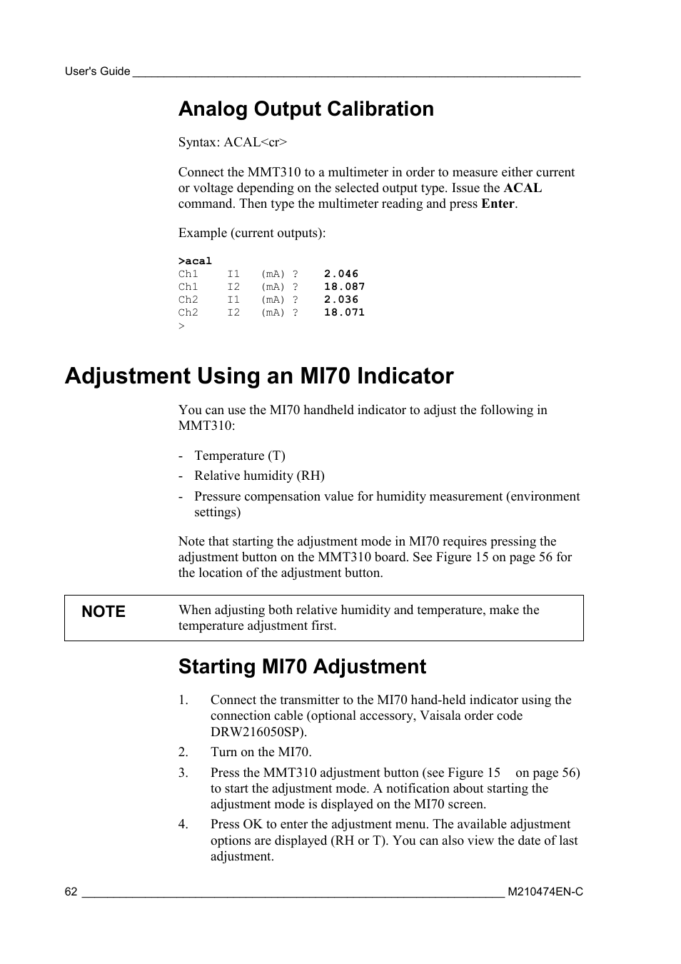 Analog output calibration, Adjustment using an mi70 indicator, Starting mi70 adjustment | On adjustment using an mi70 indicator | Vaisala MMT310 User Manual | Page 62 / 81