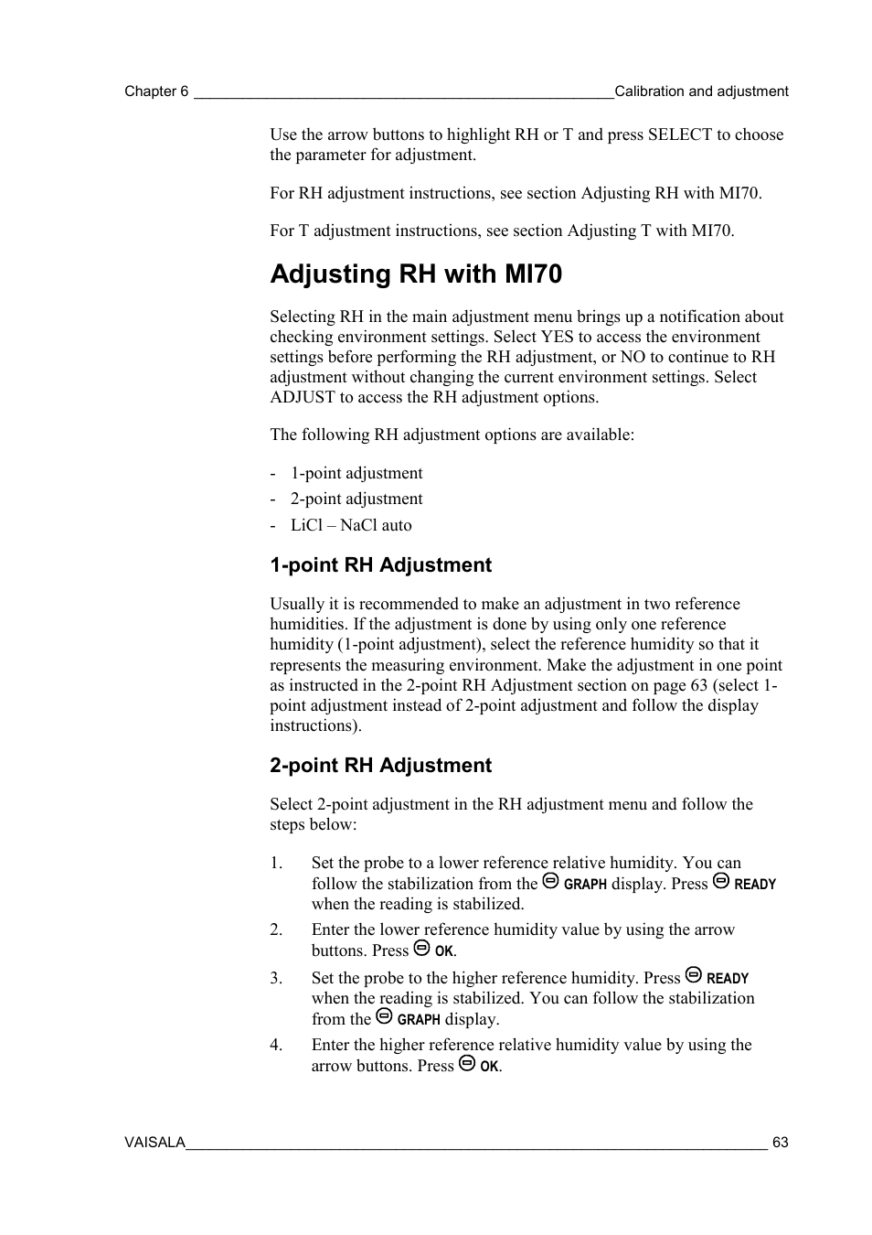 Adjusting rh with mi70, Point rh adjustment | Vaisala MMT310 User Manual | Page 63 / 81