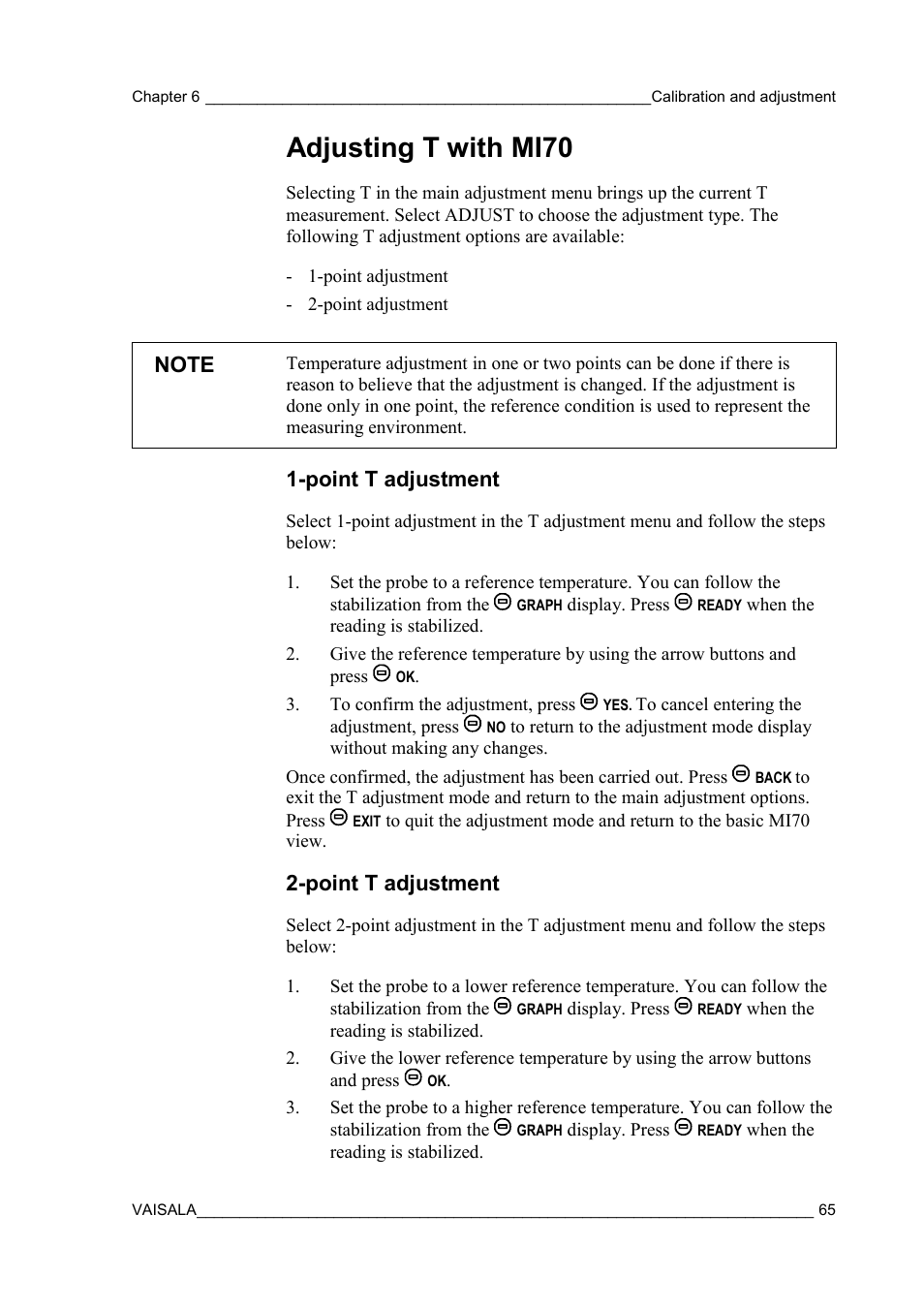 Adjusting t with mi70, Point t adjustment | Vaisala MMT310 User Manual | Page 65 / 81