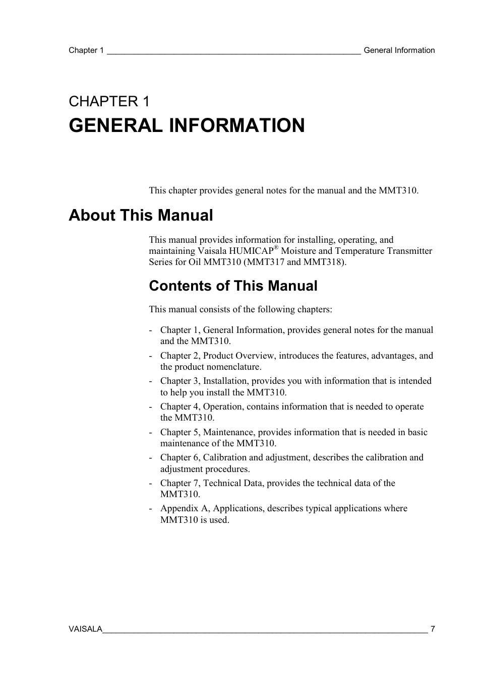 General information, About this manual, Contents of this manual | Chapter 1 | Vaisala MMT310 User Manual | Page 7 / 81