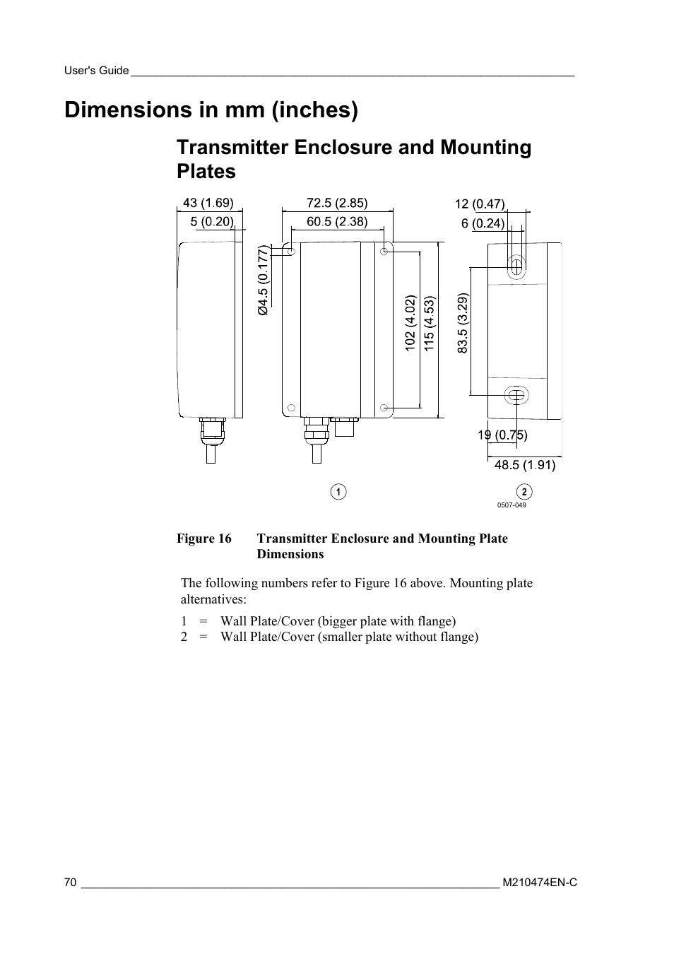 Dimensions in mm (inches), Transmitter enclosure and mounting plates, Figure 16 | Vaisala MMT310 User Manual | Page 70 / 81