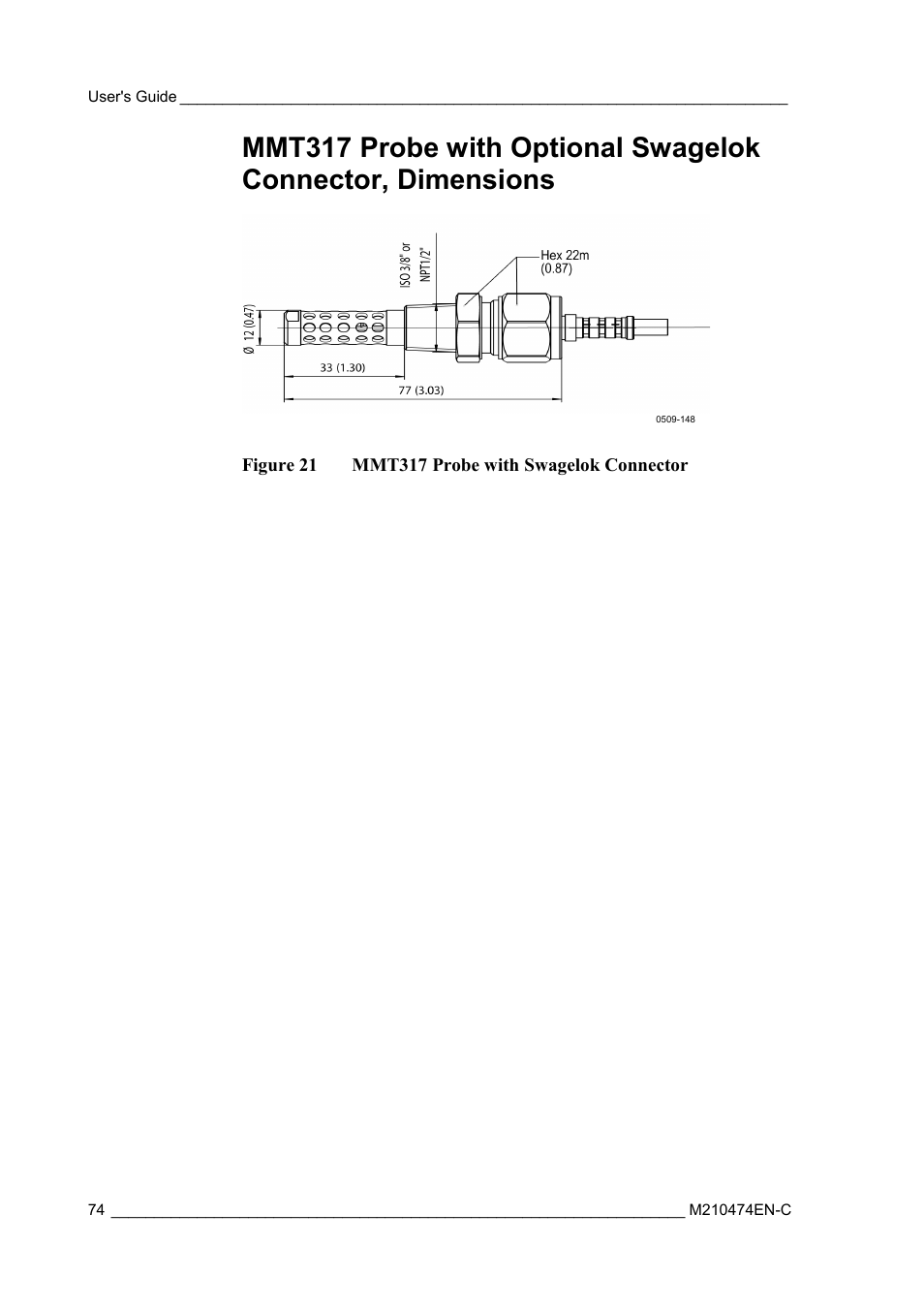 Mmt317 probe with optional swagelok connector, Dimensions, Figure 21 | Mmt317 probe with swagelok connector, On mmt317 probe with optional, Swagelok connector, dimensions | Vaisala MMT310 User Manual | Page 74 / 81