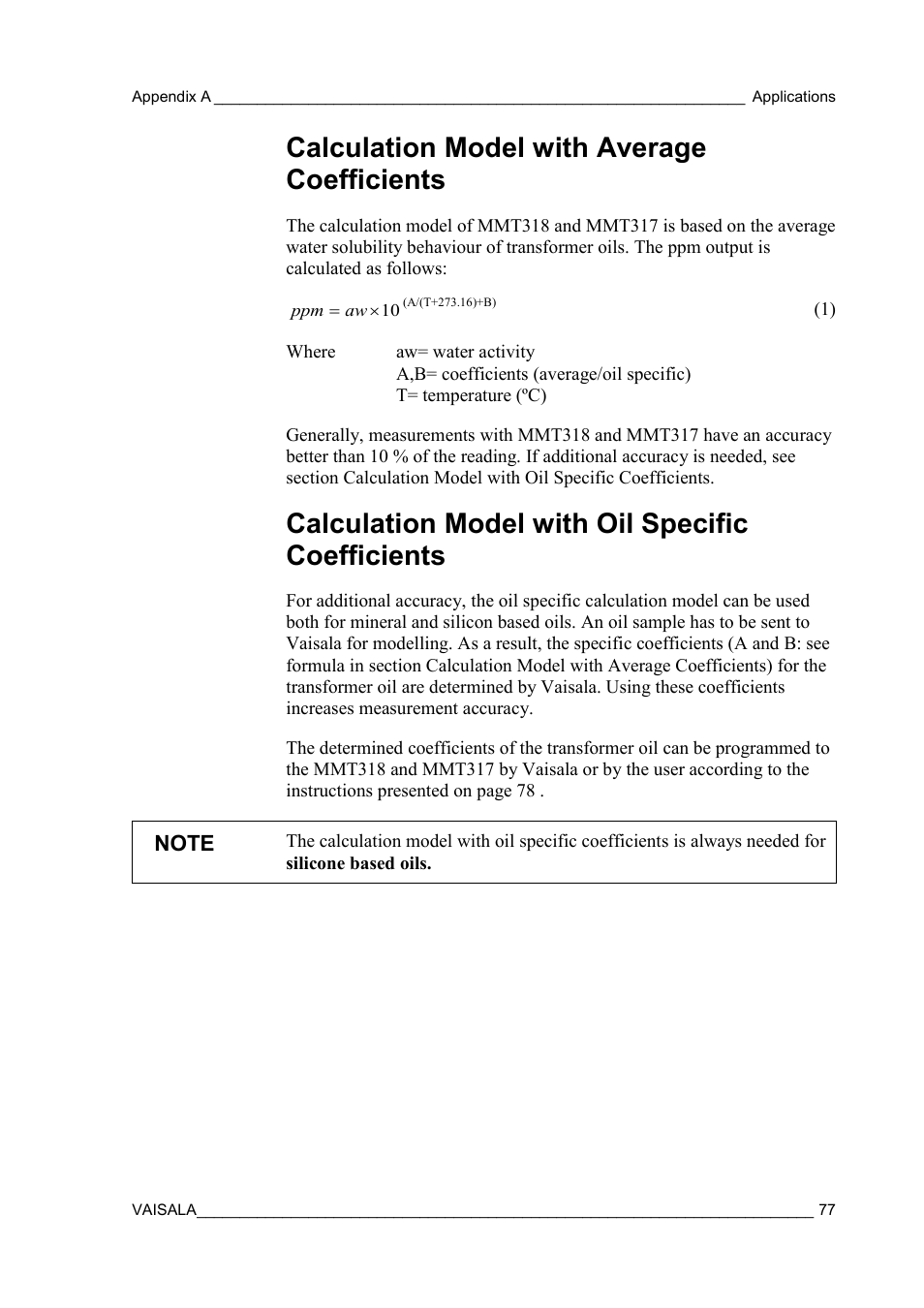 Calculation model with average coefficients, Calculation model with oil specific coefficients | Vaisala MMT310 User Manual | Page 77 / 81