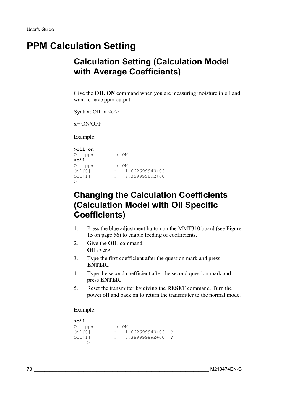 Ppm calculation setting, Coefficients), Changing the calculation coefficients | Calculation model with oil specific coefficients) | Vaisala MMT310 User Manual | Page 78 / 81