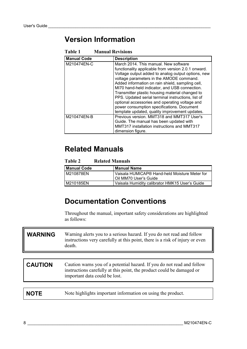 Version information, Related manuals, Documentation conventions | Table 1, Manual revisions, Table 2, Warning, Caution | Vaisala MMT310 User Manual | Page 8 / 81