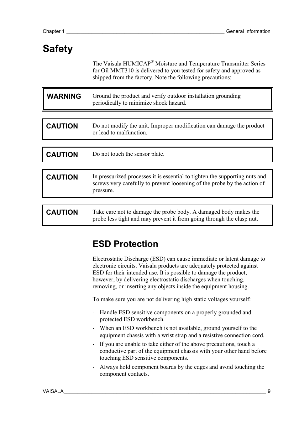 Safety, Esd protection | Vaisala MMT310 User Manual | Page 9 / 81