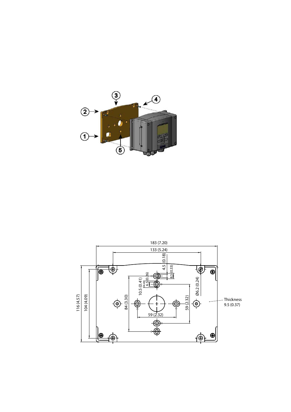 Wall mounting with wall mounting kit, Figure 6, Mounting with wall mounting kit | Figure 7, Dimensions of the plastic mounting plate (mm/inch) | Vaisala MMT330 User Manual | Page 30 / 181