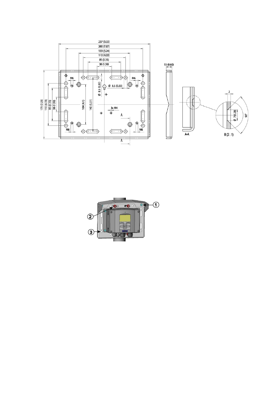Mounting rain shield with installation kit, Figure 12, Dimensions of metal mounting plate (mm/inch) | Figure 13 | Vaisala MMT330 User Manual | Page 33 / 181