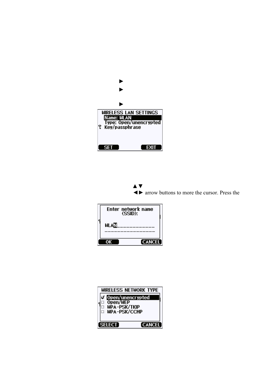 Using display/keypad, Figure 51, Wireless lan settings | Figure 52, Entering network ssid, Figure 53, Selecting the wireless network type | Vaisala MMT330 User Manual | Page 89 / 181