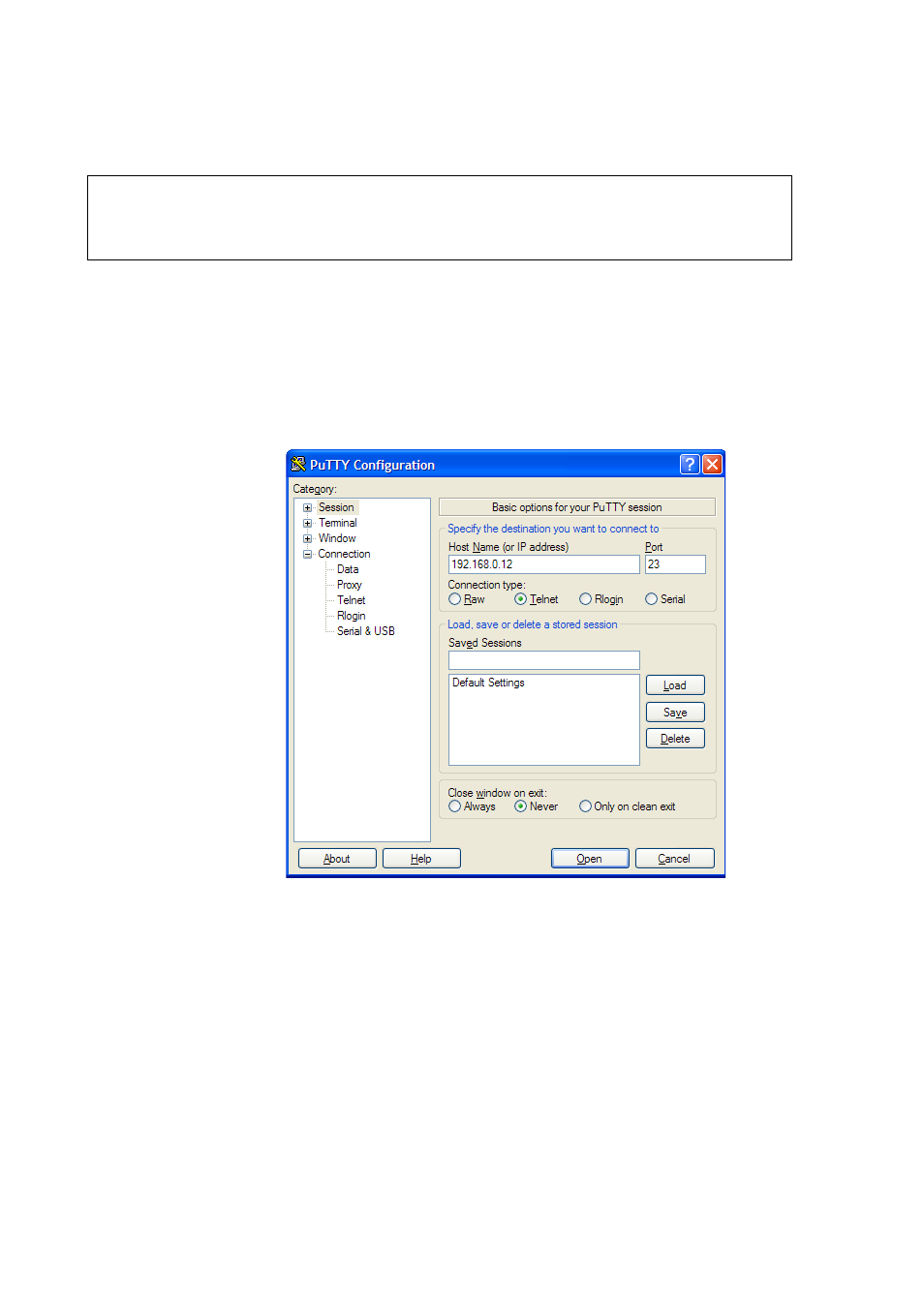 Opening a telnet session (lan/wlan), Figure 56, Opening a telnet connection | Vaisala MMT330 User Manual | Page 94 / 181