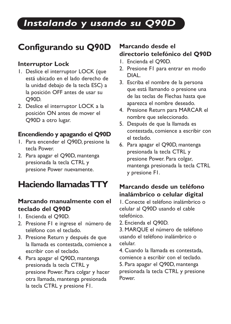 Configurando su q90d, Haciendo llamadas tty, Instalando y usando su q90d | Ameriphone Q90D User Manual | Page 10 / 12