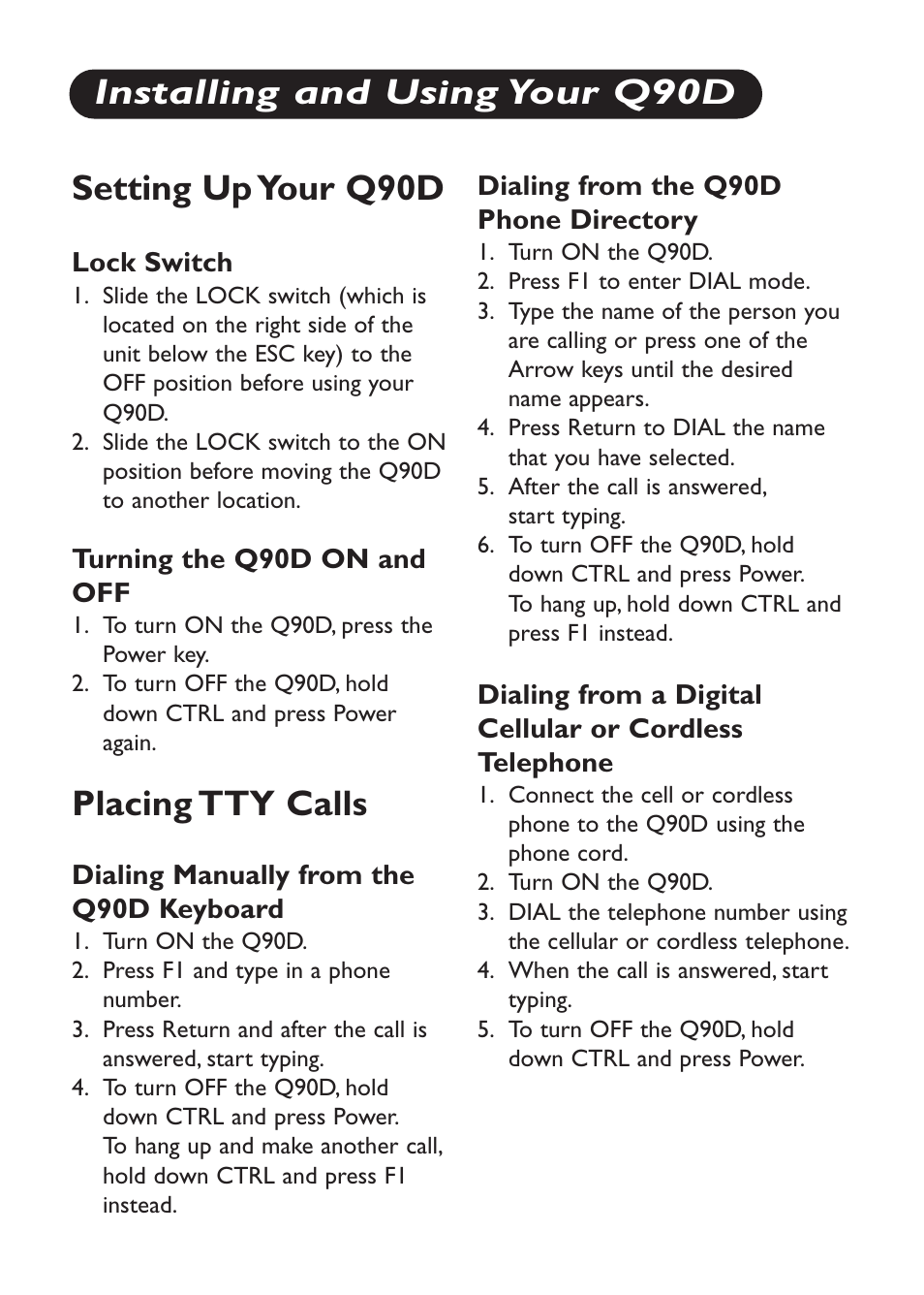 Setting up your q90d, Placing tty calls, Installing and using your q90d | Ameriphone Q90D User Manual | Page 2 / 12