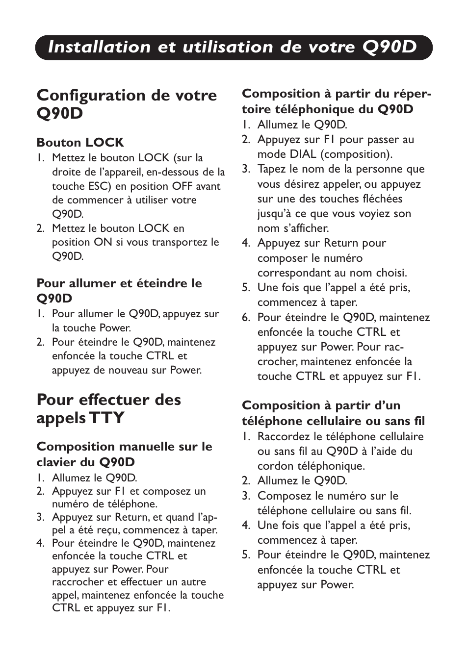 Installation et utilisation de votre q90d, Configuration de votre q90d, Pour effectuer des appels tty | Ameriphone Q90D User Manual | Page 6 / 12