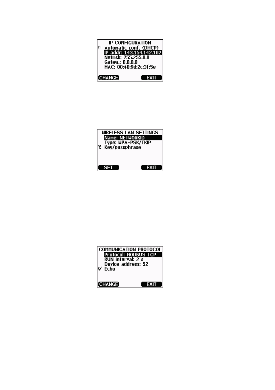 Figure 63, Ip configuration, Figure 64 | Wireless lan settings, Figure 65, Communication protocol | Vaisala MMT330 User Manual | Page 131 / 171