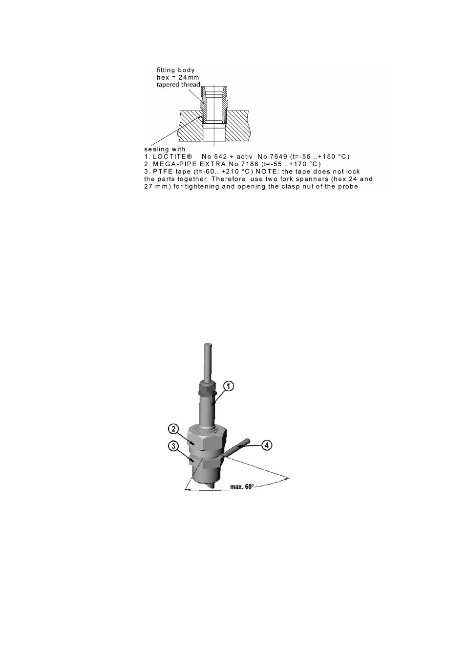 Tightening the clasp nut, Figure 24, Sealing of fitting body into process | Figure 25 | Vaisala MMT330 User Manual | Page 43 / 171