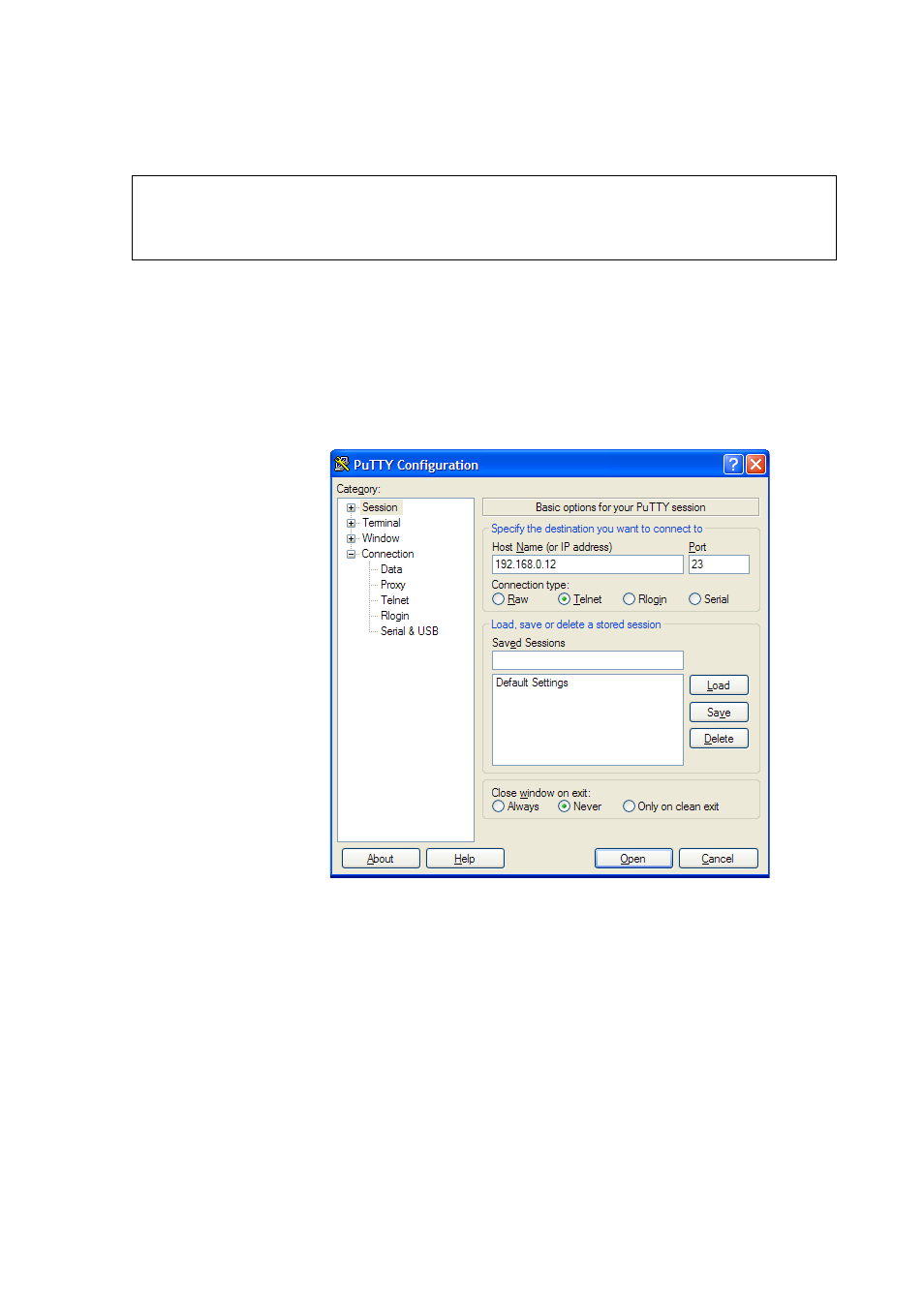 Opening a telnet session (lan/wlan), Figure 56, Opening a telnet connection | Vaisala MMT330 User Manual | Page 91 / 171