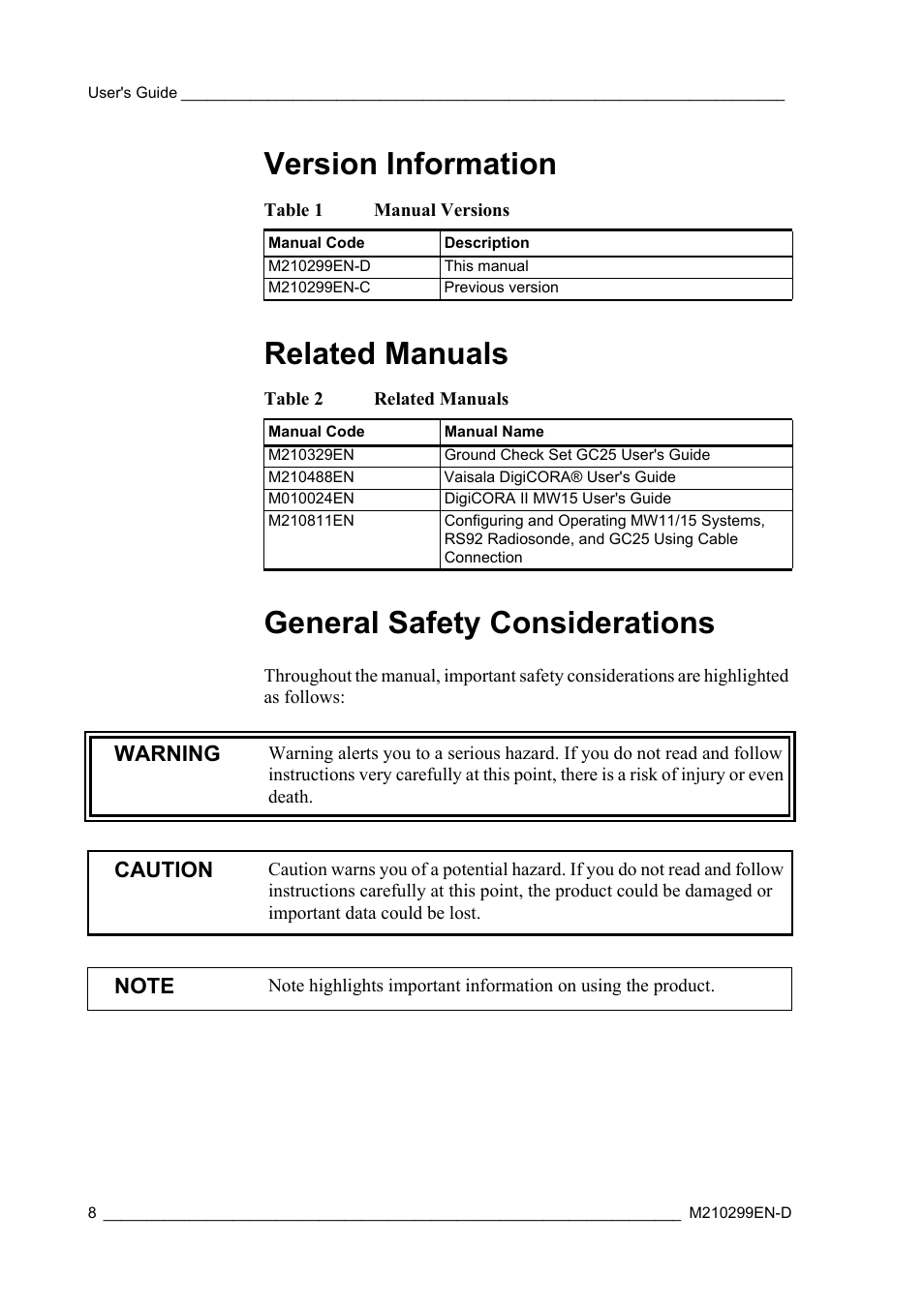 Version information, Related manuals, General safety considerations | Table 1, Manual versions, Table 2, Warning, Caution | Vaisala RS92-KL User Manual | Page 10 / 45
