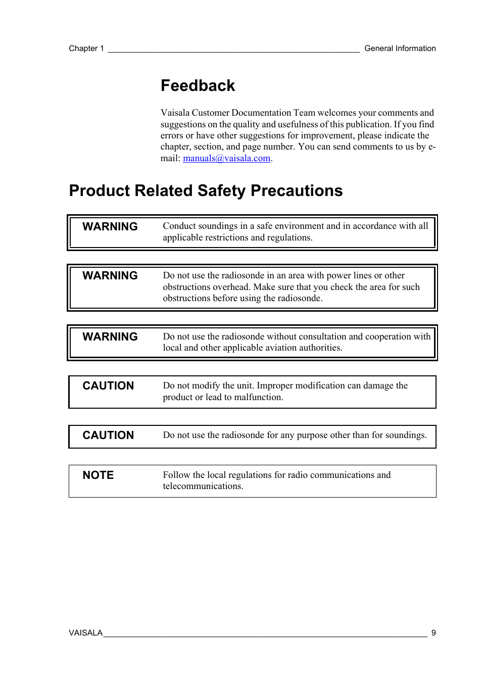 Feedback, Product related safety precautions | Vaisala RS92-KL User Manual | Page 11 / 45