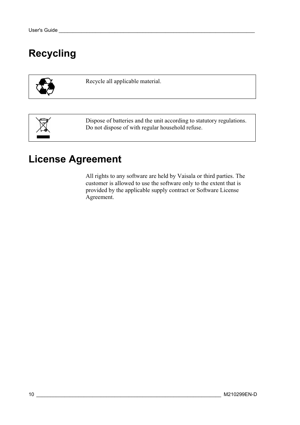 Recycling, License agreement, Recycling license agreement | Vaisala RS92-KL User Manual | Page 12 / 45