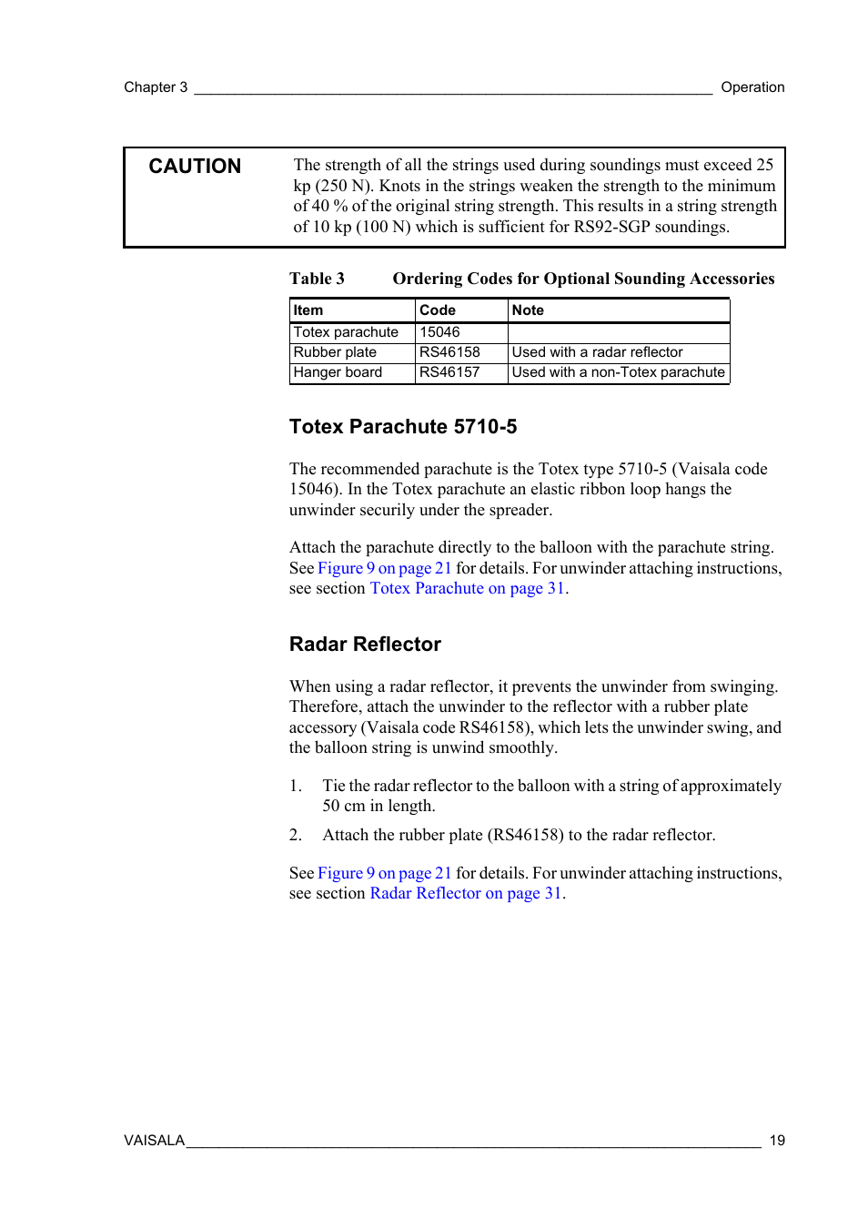 Totex parachute 5710-5, Radar reflector, Totex parachute 5710-5 radar reflector | Table 3, Ordering codes for optional sounding accessories, Caution | Vaisala RS92-KL User Manual | Page 21 / 45