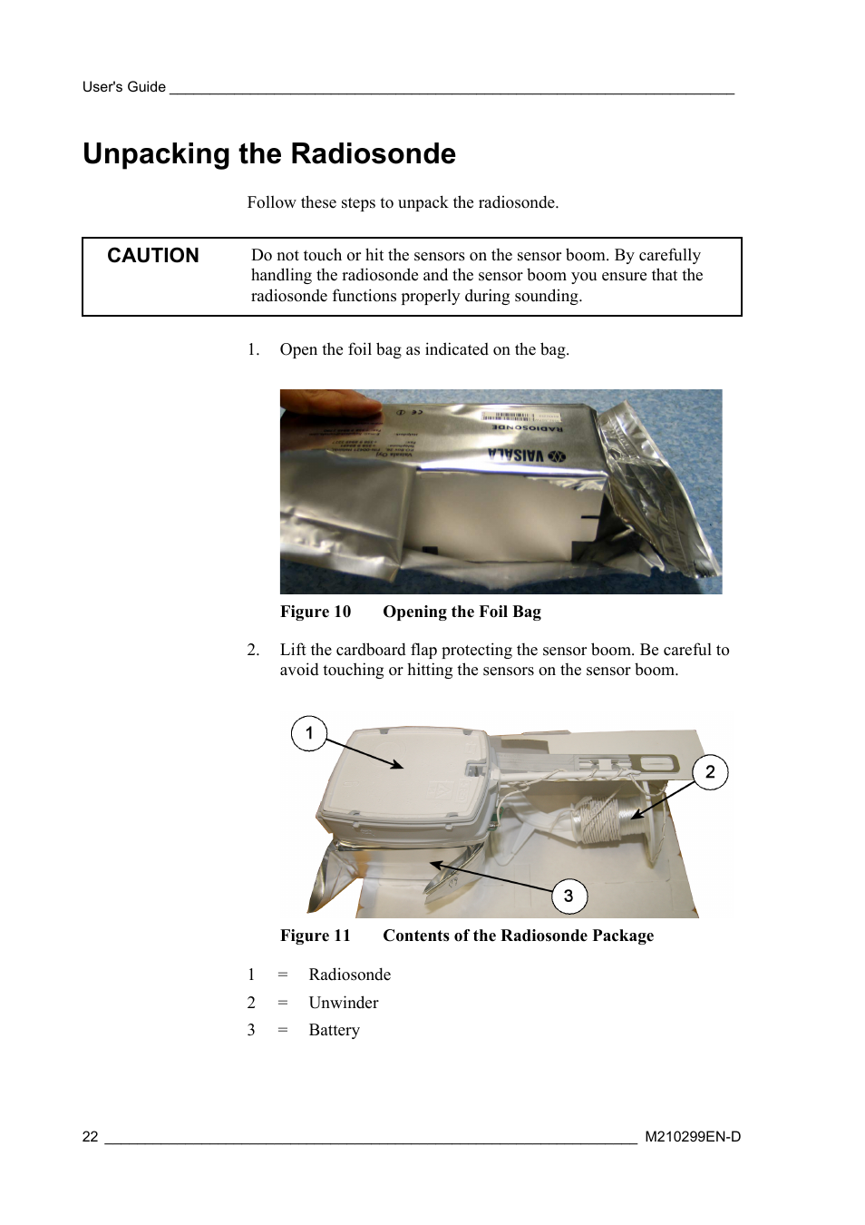 Unpacking the radiosonde, Figure 10, Opening the foil bag | Figure 11, Contents of the radiosonde package, Caution | Vaisala RS92-KL User Manual | Page 24 / 45