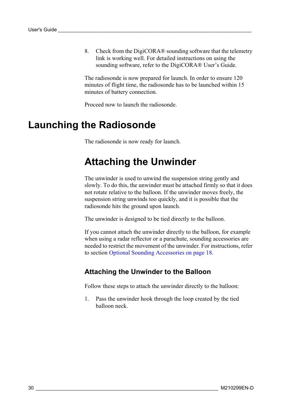 Launching the radiosonde, Attaching the unwinder, Attaching the unwinder to the balloon | Vaisala RS92-KL User Manual | Page 32 / 45