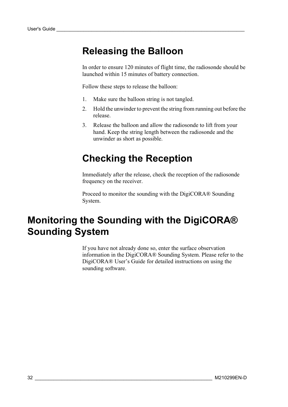 Releasing the balloon, Checking the reception, Releasing the balloon checking the reception | Vaisala RS92-KL User Manual | Page 34 / 45