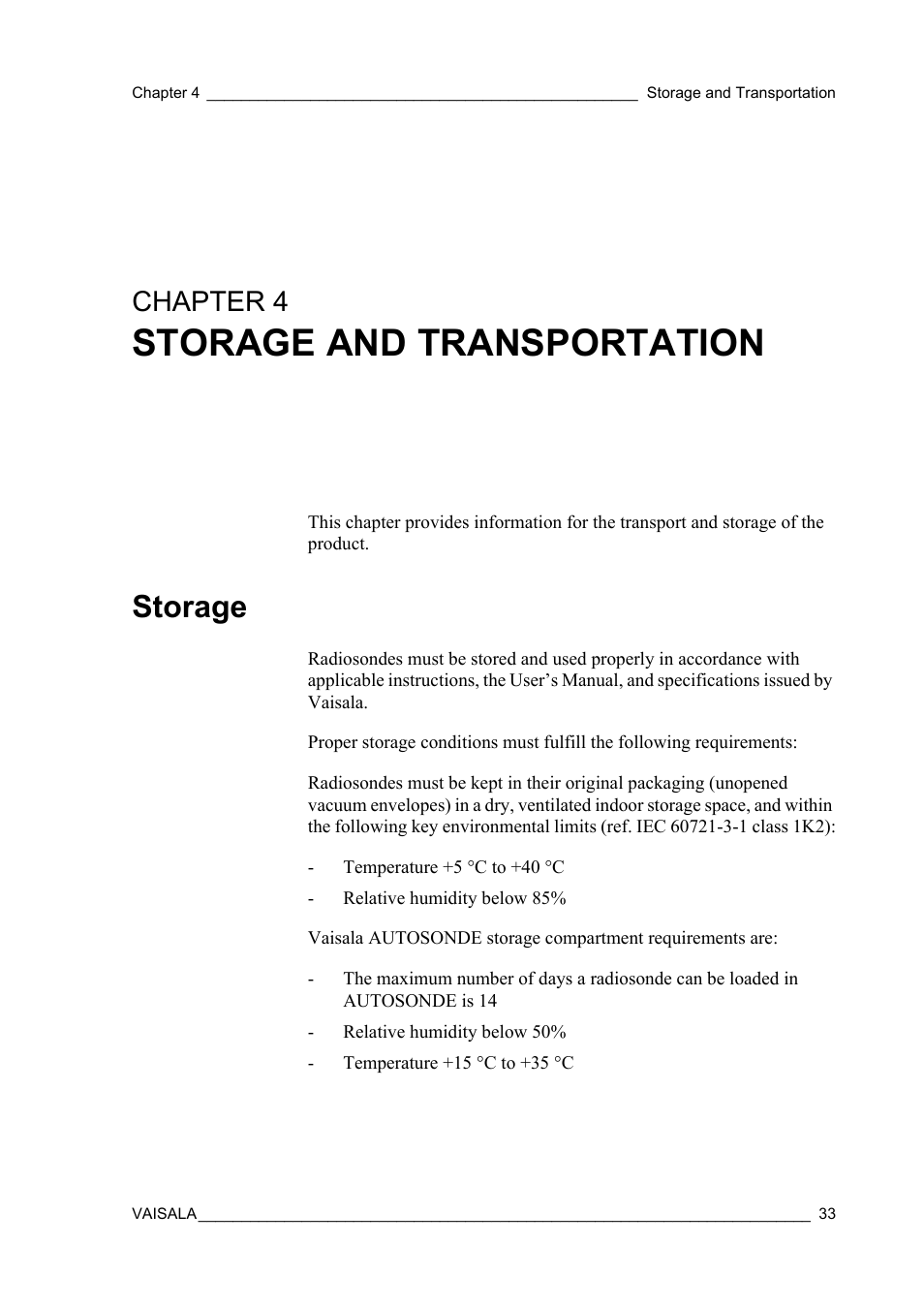 Chapter 4 storage and transportation, Storage, Chapter 4 | Storage and transportation | Vaisala RS92-KL User Manual | Page 35 / 45