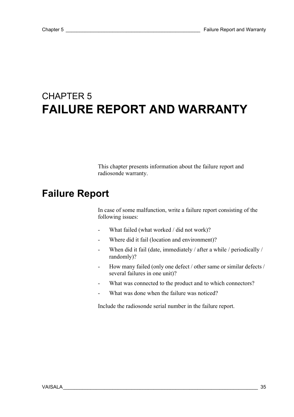 Chapter 5 failure report and warranty, Failure report, Chapter 5 | Failure report and warranty | Vaisala RS92-KL User Manual | Page 37 / 45