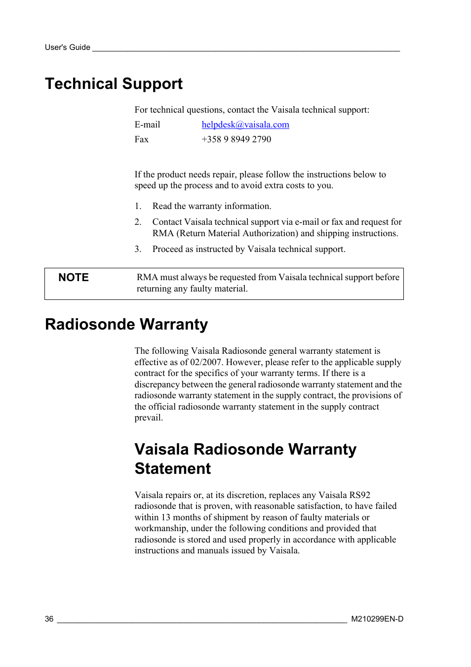 Technical support, Radiosonde warranty, Vaisala radiosonde warranty statement | Technical support radiosonde warranty | Vaisala RS92-KL User Manual | Page 38 / 45