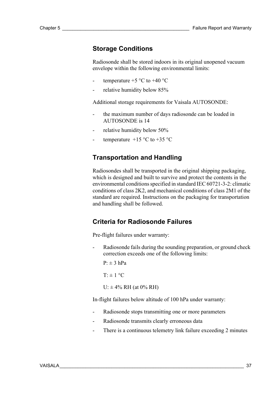 Storage conditions, Transportation and handling, Criteria for radiosonde failures | Vaisala RS92-KL User Manual | Page 39 / 45