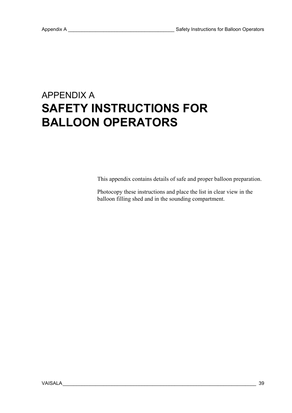Appendix a, Safety instructions for balloon operators | Vaisala RS92-KL User Manual | Page 41 / 45