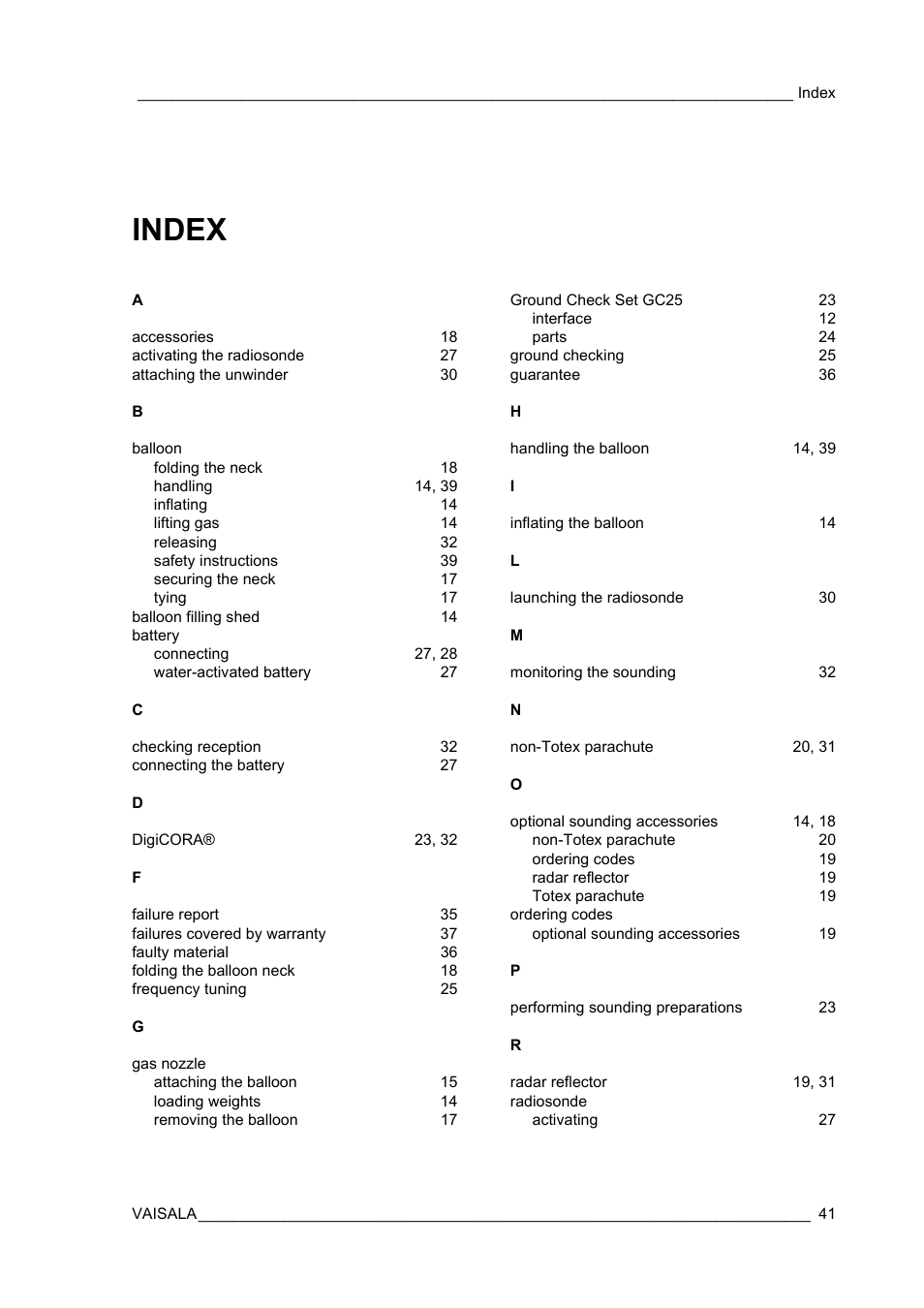 Untitled, Index | Vaisala RS92-KL User Manual | Page 43 / 45