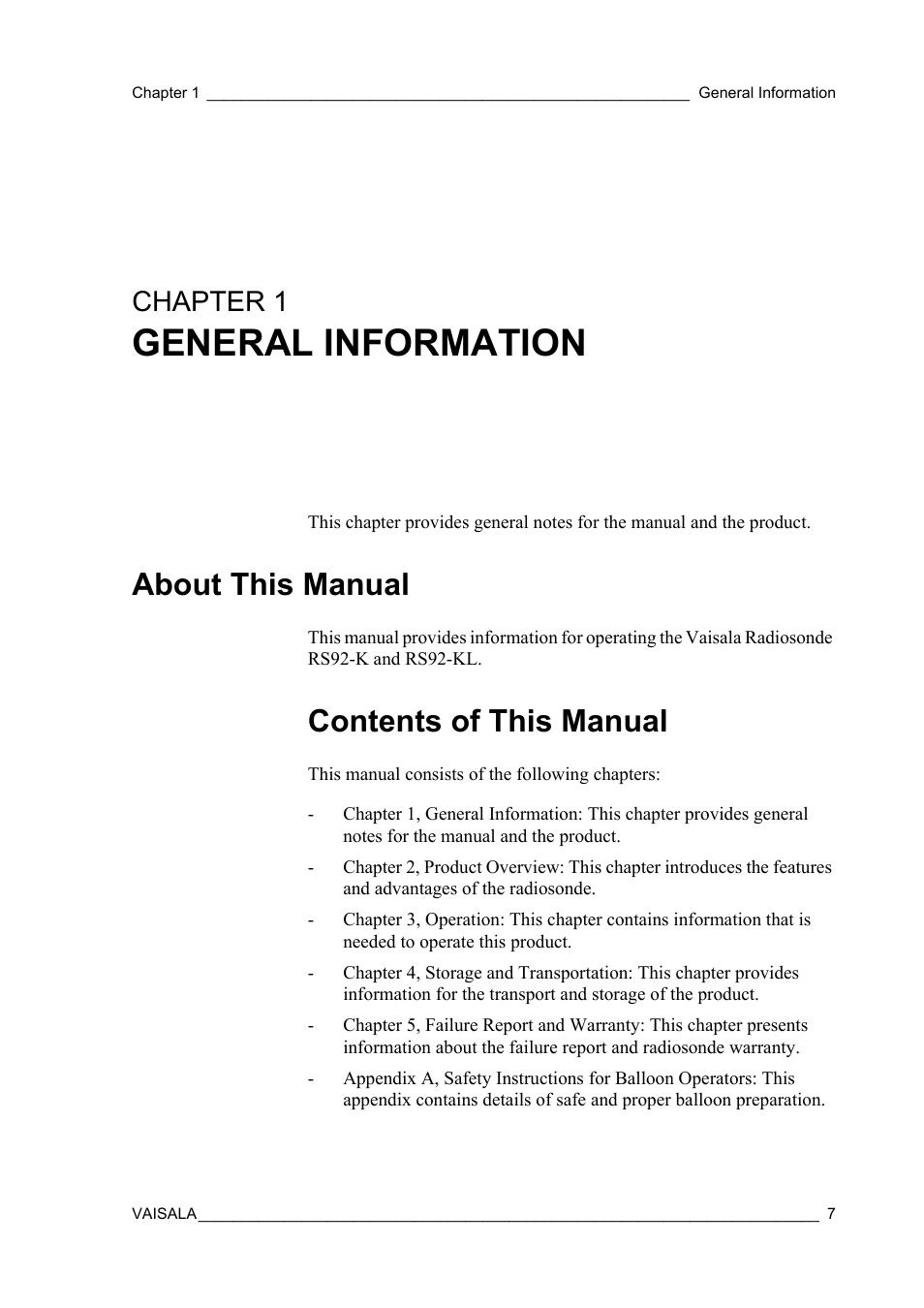 Chapter 1 general information, About this manual, Contents of this manual | Chapter 1, General information | Vaisala RS92-KL User Manual | Page 9 / 45