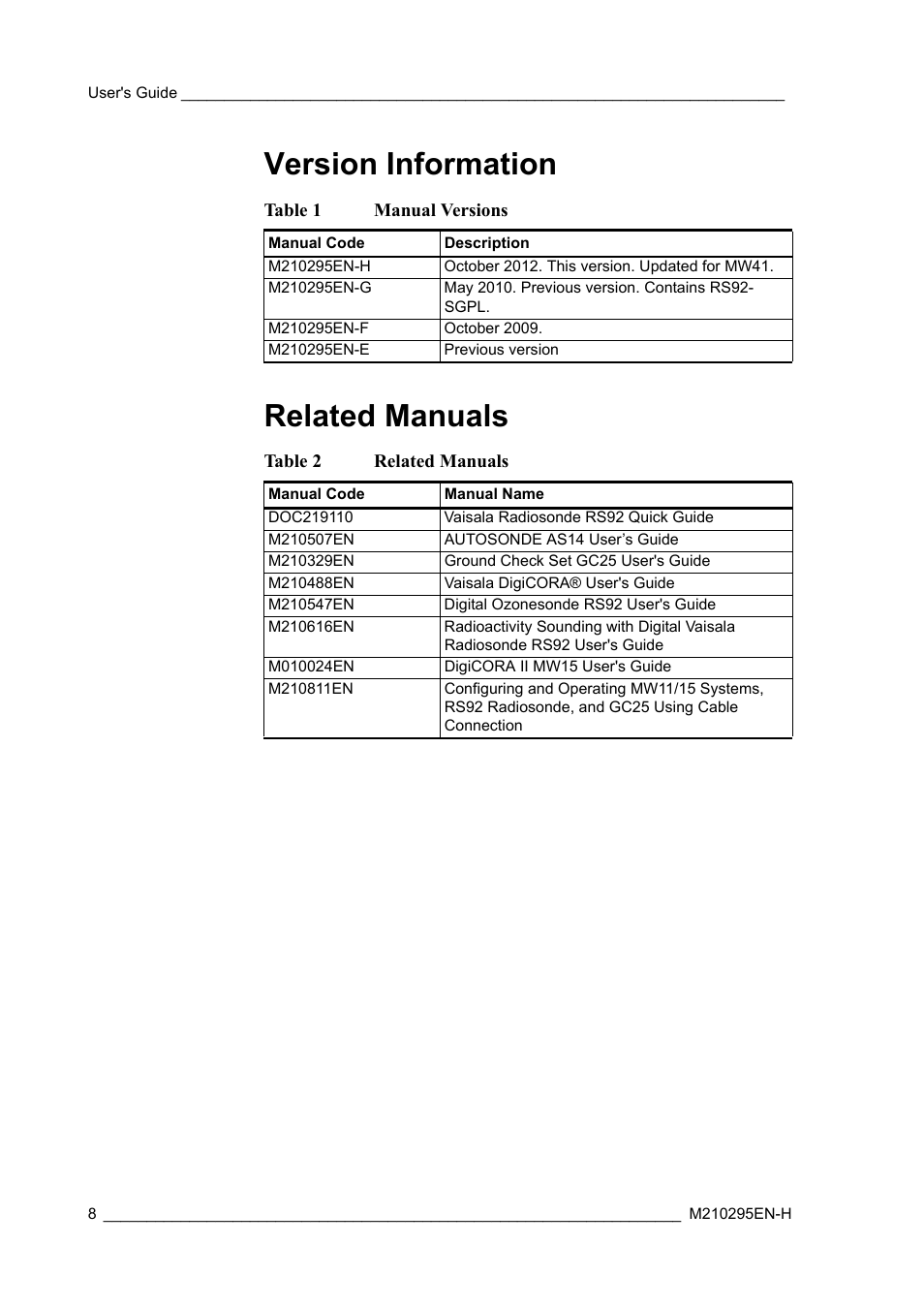 Version information, Related manuals, Version information related manuals | Table 1, Manual versions, Table 2 | Vaisala RS92-SGP User Manual | Page 10 / 58