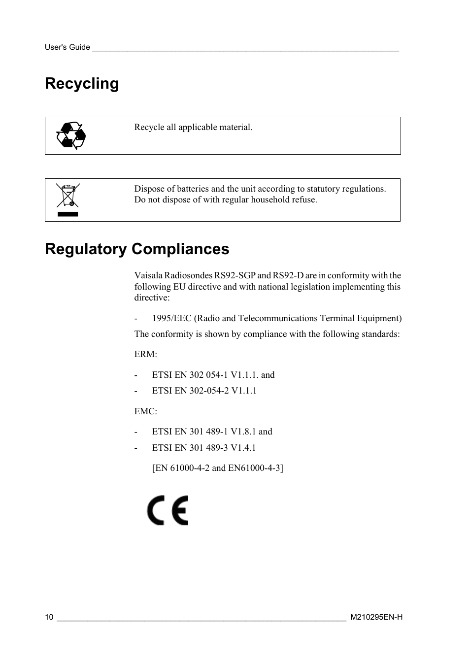 Recycling, Regulatory compliances, Recycling regulatory compliances | Vaisala RS92-SGP User Manual | Page 12 / 58