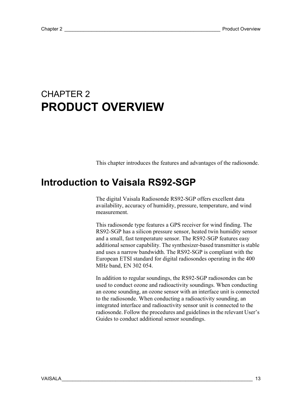 Chapter 2 product overview, Introduction to vaisala rs92-sgp, Chapter 2 | Product overview | Vaisala RS92-SGP User Manual | Page 15 / 58