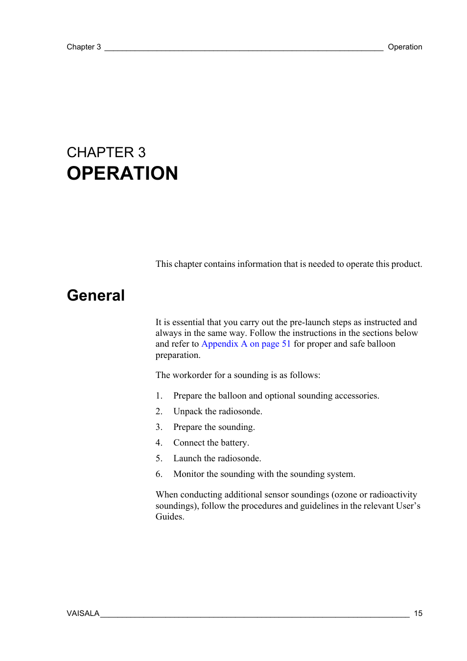 Chapter 3 operation, General, Chapter 3 | Operation | Vaisala RS92-SGP User Manual | Page 17 / 58