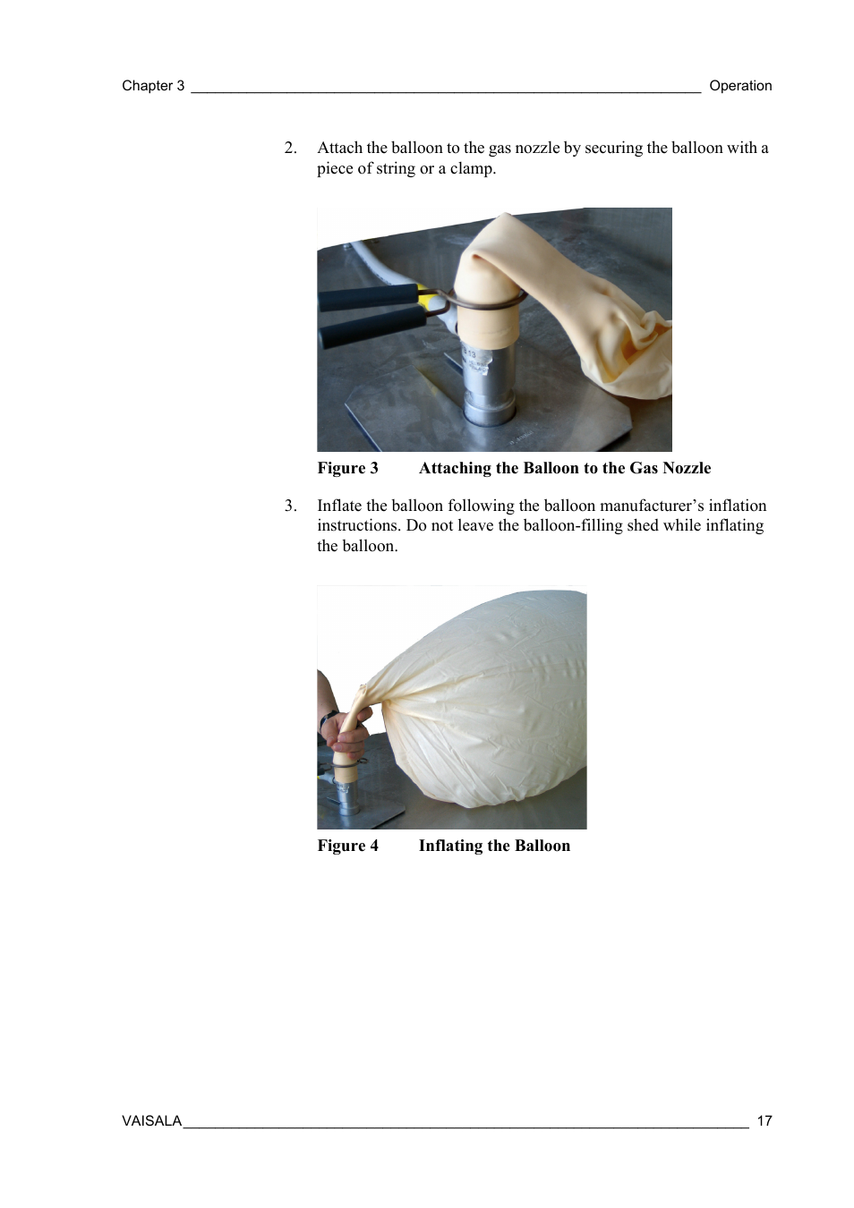 Figure 3, Attaching the balloon to the gas nozzle, Figure 4 | Inflating the balloon | Vaisala RS92-SGP User Manual | Page 19 / 58